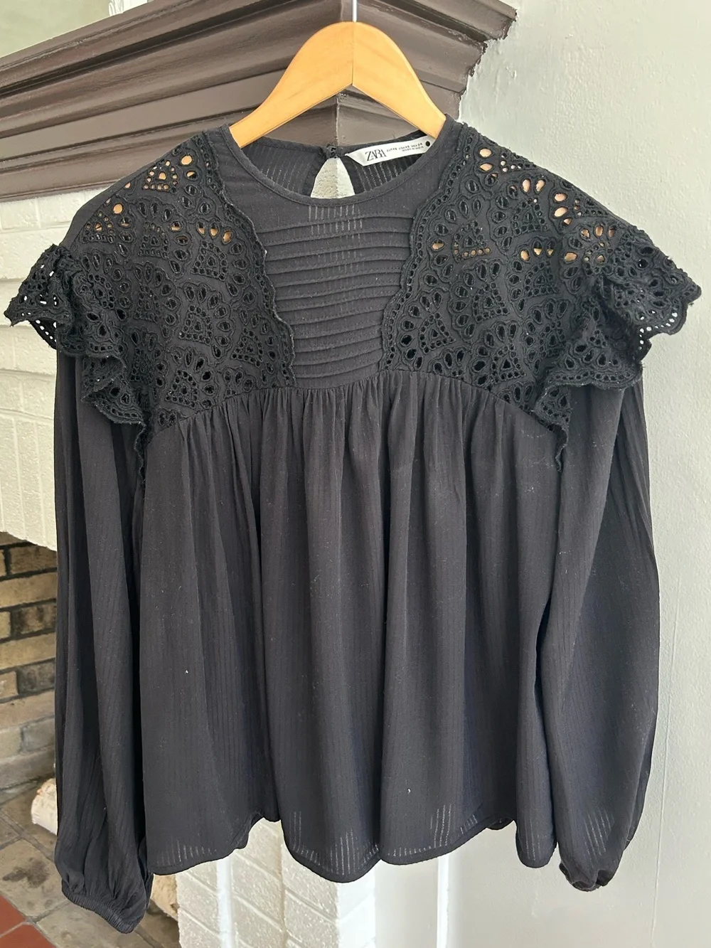 Zara Black Crochet Yoke Long Sleeve Blouse
